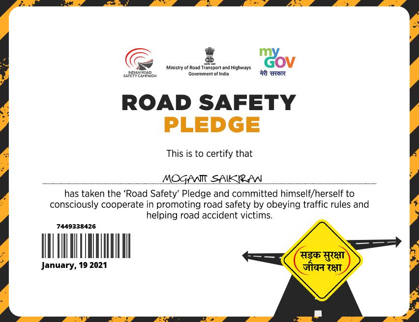 I have taken ‘Road Safety’ Pledge and committed myself to consciously cooperate in promoting road safety by obeying traffic rules and helping road accident victims. You can also take the pledge at pledge.mygov.in/road-safety/ pledgeapi.mygov.in/api/v2/road-sa… <a href="/NYCIAndhra/">NYCIAndhra</a> <a href="/GANESHNAGUD/">Ganesh Nag Doddi</a>