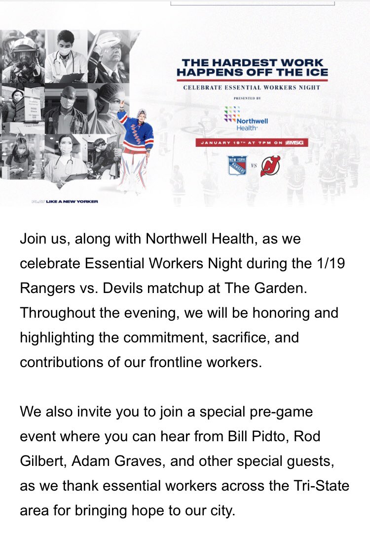 ⁦Zoom in to@NYRangers⁩ essential workers “Thank You” event tonight at 6p