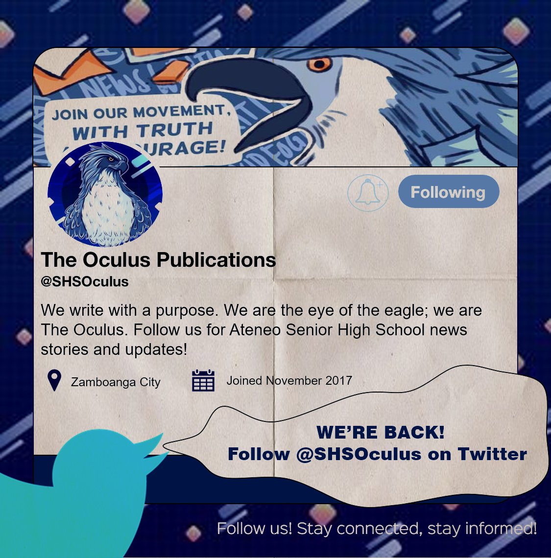adzushsoculus's tweet photo. Our commitment to truth and courage remains!

The Oculus Publications will once again be using its old Twitter account – @SHSOculus. 

Follow us for the latest news and updates!

#WithTruthAndCourage
#SHSOculus https://t.co/RCaeqddgde