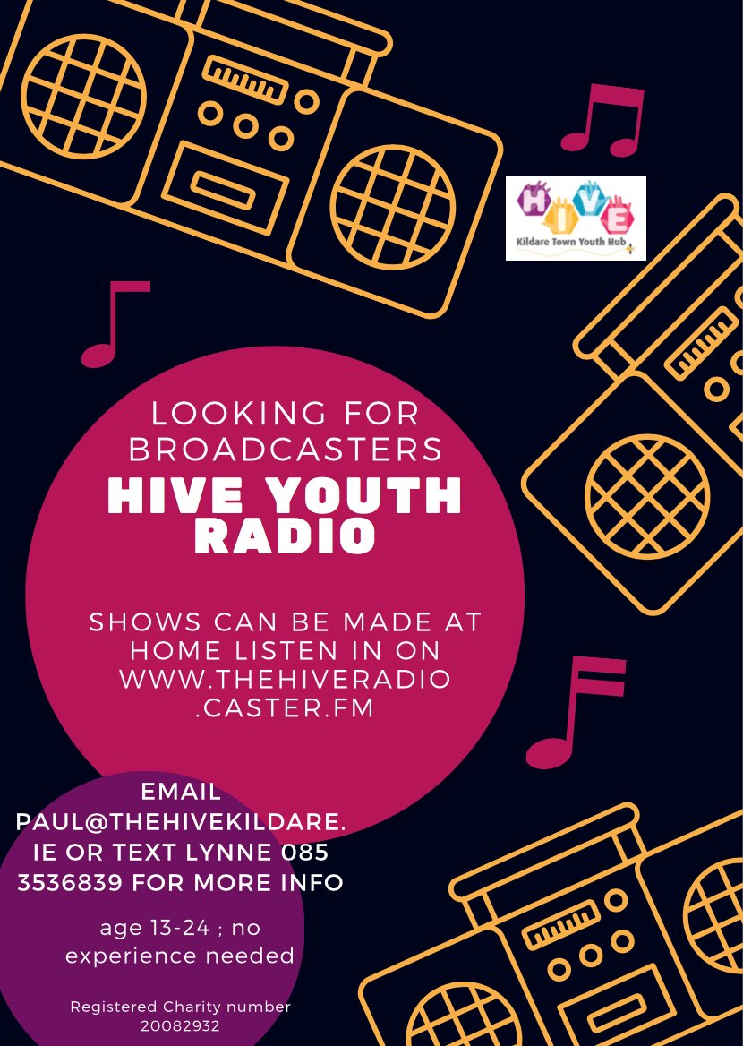 The Hive Youth Hub in Kildare Town is
providing the opportunity for students to participate in their Youth Radio. If there are students at KTCS that would like to get involved, they can contact The Hive directly on 085 2526839 or email Paul on paul@thehivekildare.ie #GetInvolved