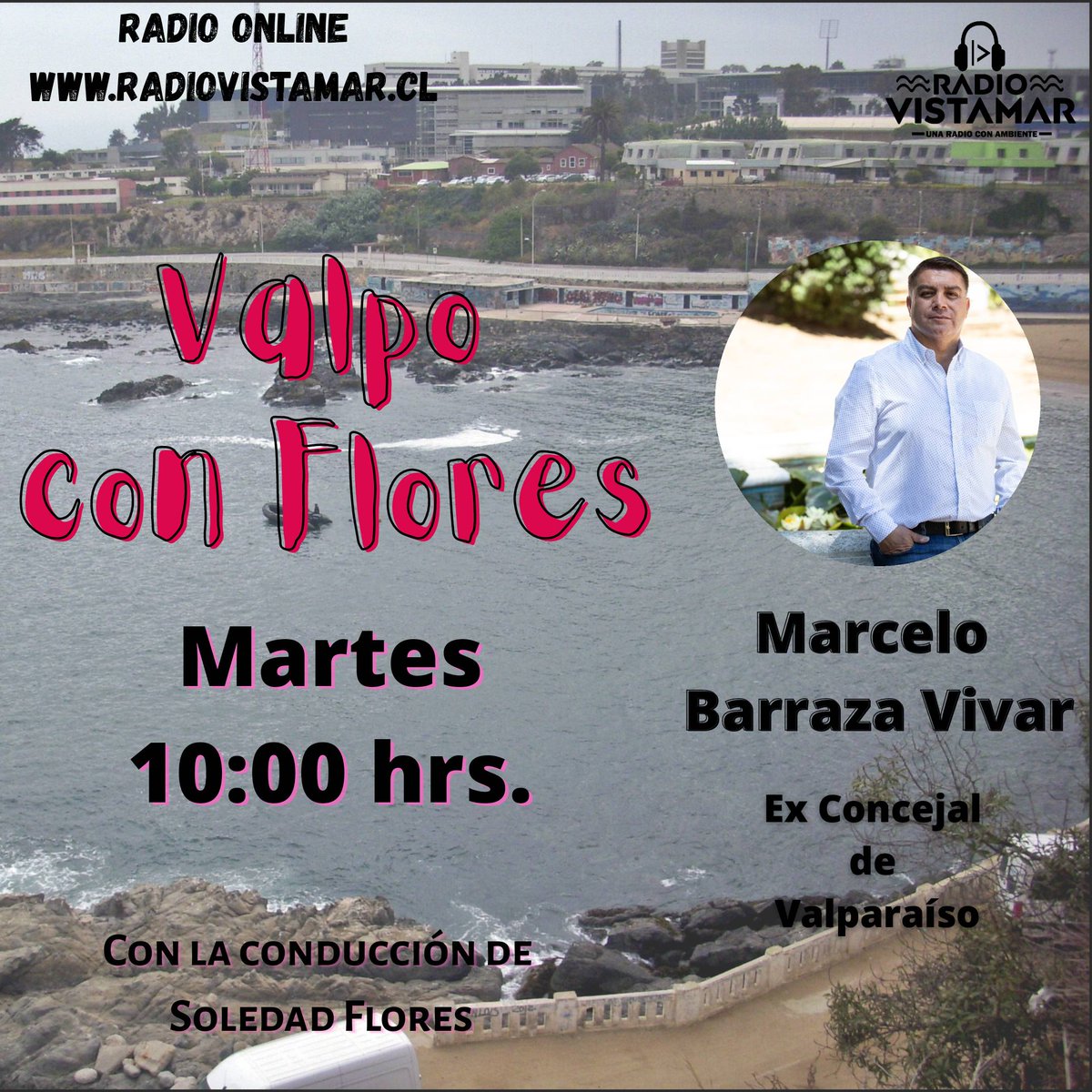 VALPO CON FLORES 🎙️
Martes a las 10:00 hrs. ⏰
Con la conducción de <a href="/solefloresp/">Soledad Dayana Flores Portillo</a> que estará conversando con @marcelobarrazavivar 🎙️

No se pierda la retransmision de su programa favorito de conversación por radiovistamar.cl 📻

#RVM #Chile #Valparaiso #Placilla #Curauma
