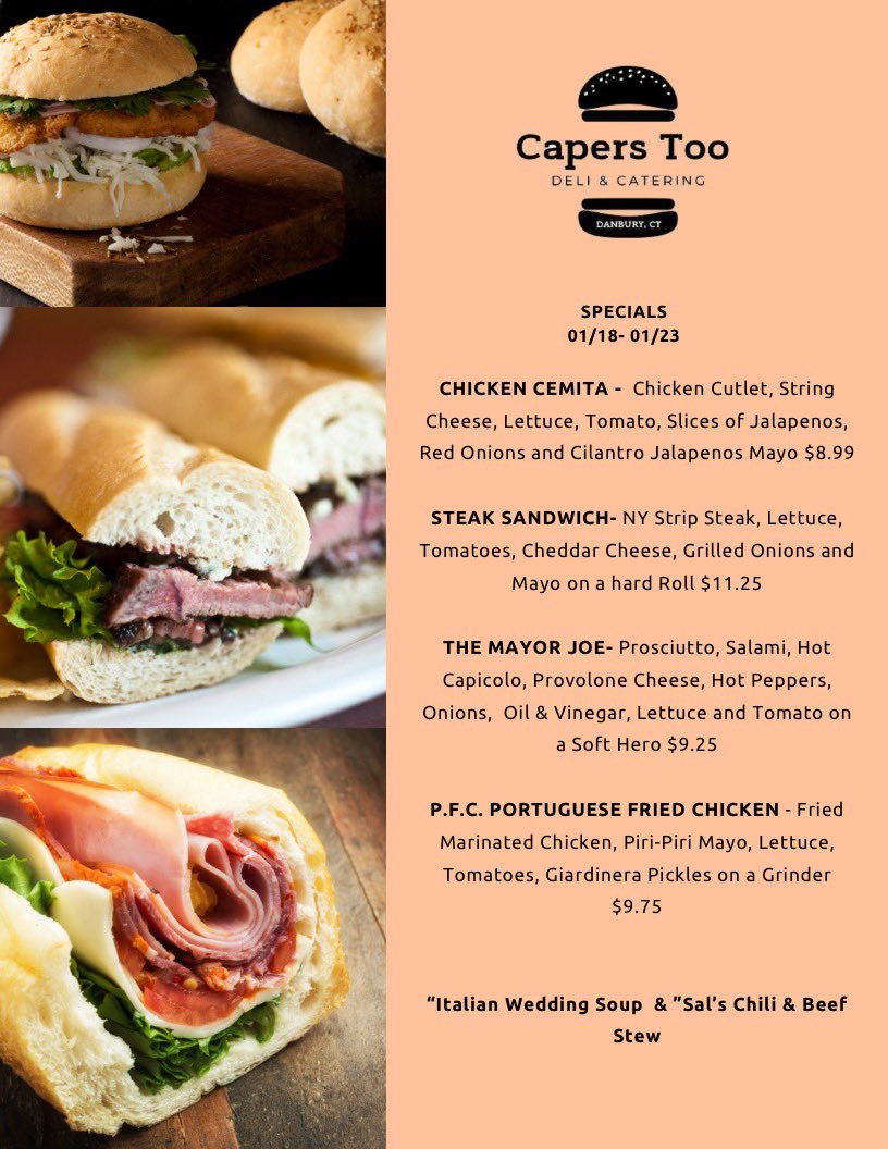 Weekly Specials!

See you later for lunch.

#caperstoo #eatwelllivewell #caperstoodeli #danbury #danburyct   #chefdeboradividino #cteats #ctbites #ctfood #ctnow #ctfoodlovers #ctfoodie #sharethechefct #ctdelicious #portuguesechef #DanburyPride