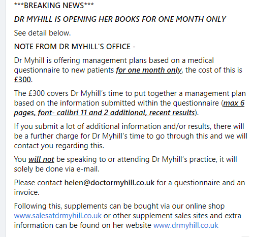 BREAKING NEWS DR MYHILL OPEN HER BOOKS FOR ONE MONTH See screenshot Contact helen@doctormyhill.co.uk #MEcfs #CFS #MyalgicE #MyE #MyalgicEncephalomyelitis #ChronicFatigueSyndrome #PwME #spoonie #fibromyalgia #fibro #ChronicPain #chronicillnesswarrior #naturalhealth