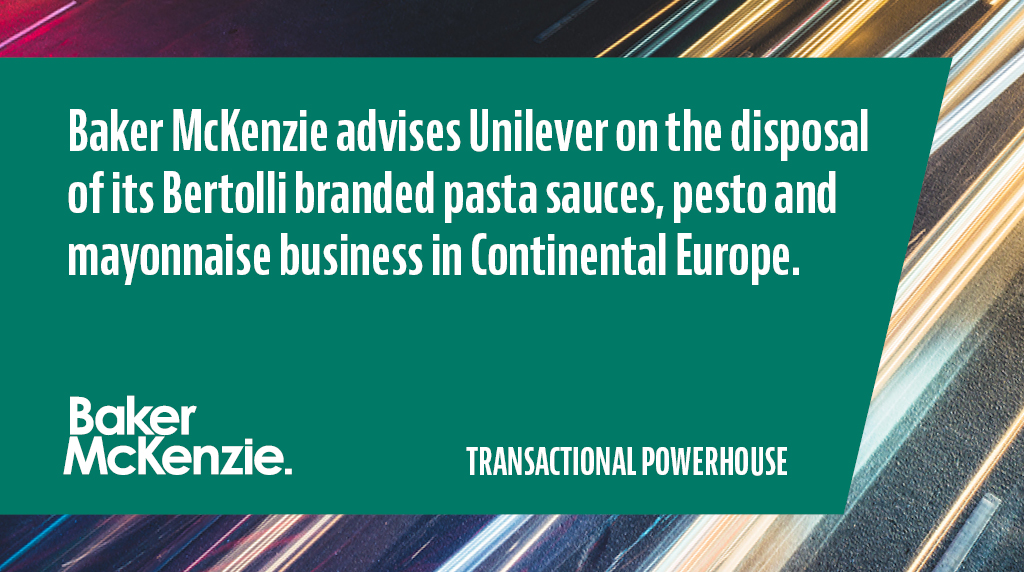 bakermckenzie's tweet photo. Baker McKenzie has advised longstanding client Unilever on the disposal of its Bertolli branded pasta sauces, pesto and mayonnaise business in Continental Europe to Enrico-Glasbest #TransactionalPowerhouse https://t.co/Lc0qPf6iKf https://t.co/sTjIgjt27q