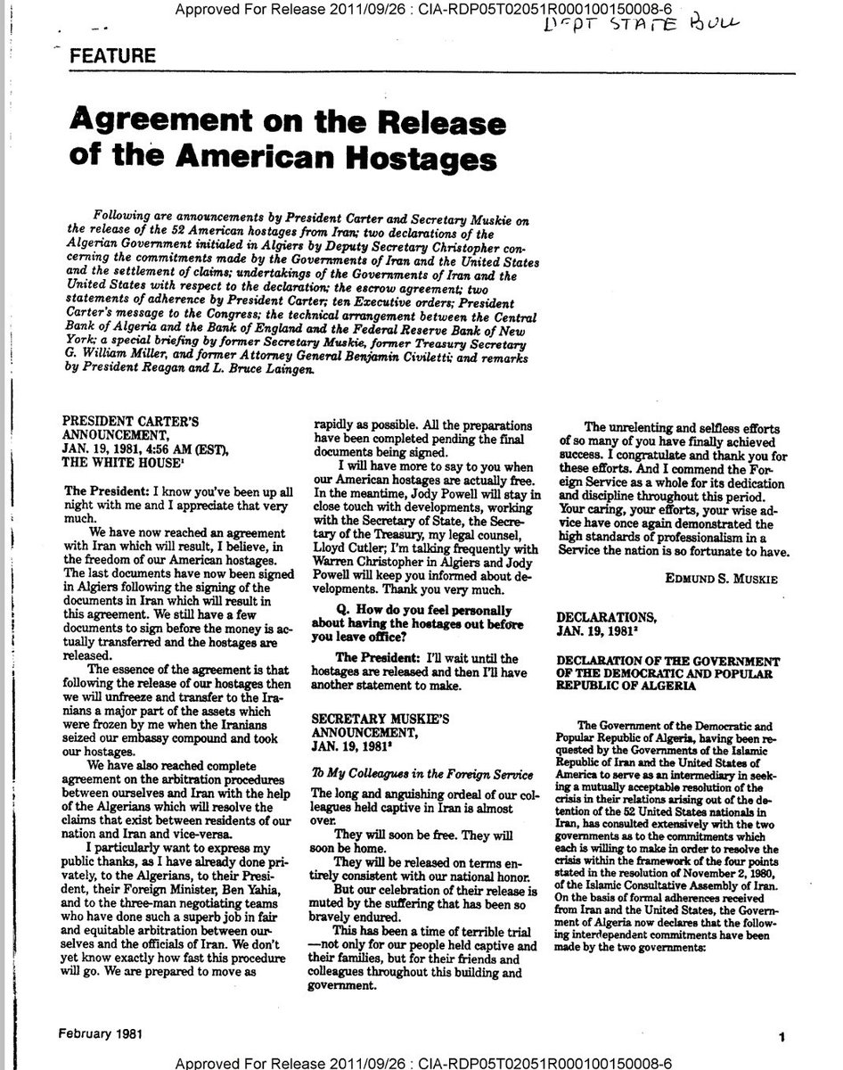 peanut_brigade's tweet photo. From the CIA archives
#AlgiersAccords
#Jimmy40
January 19, 1981 #OTD
@CarterLibrary @MicheleECarter1 https://t.co/6otwF5cqqs