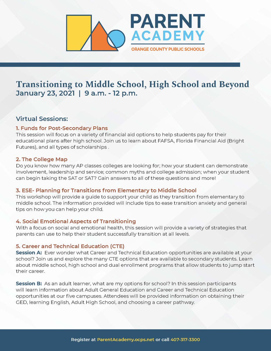 OCPS_PFE's tweet photo. Interested in learning about life after school? Check out the OCPS Parent Academy Saturday Jan 23 from 9-12. This virtual event is one you don't want to miss!  Register at https://t.co/50VC17yNmj #OCPSPFE https://t.co/AYk62uV0Jt
