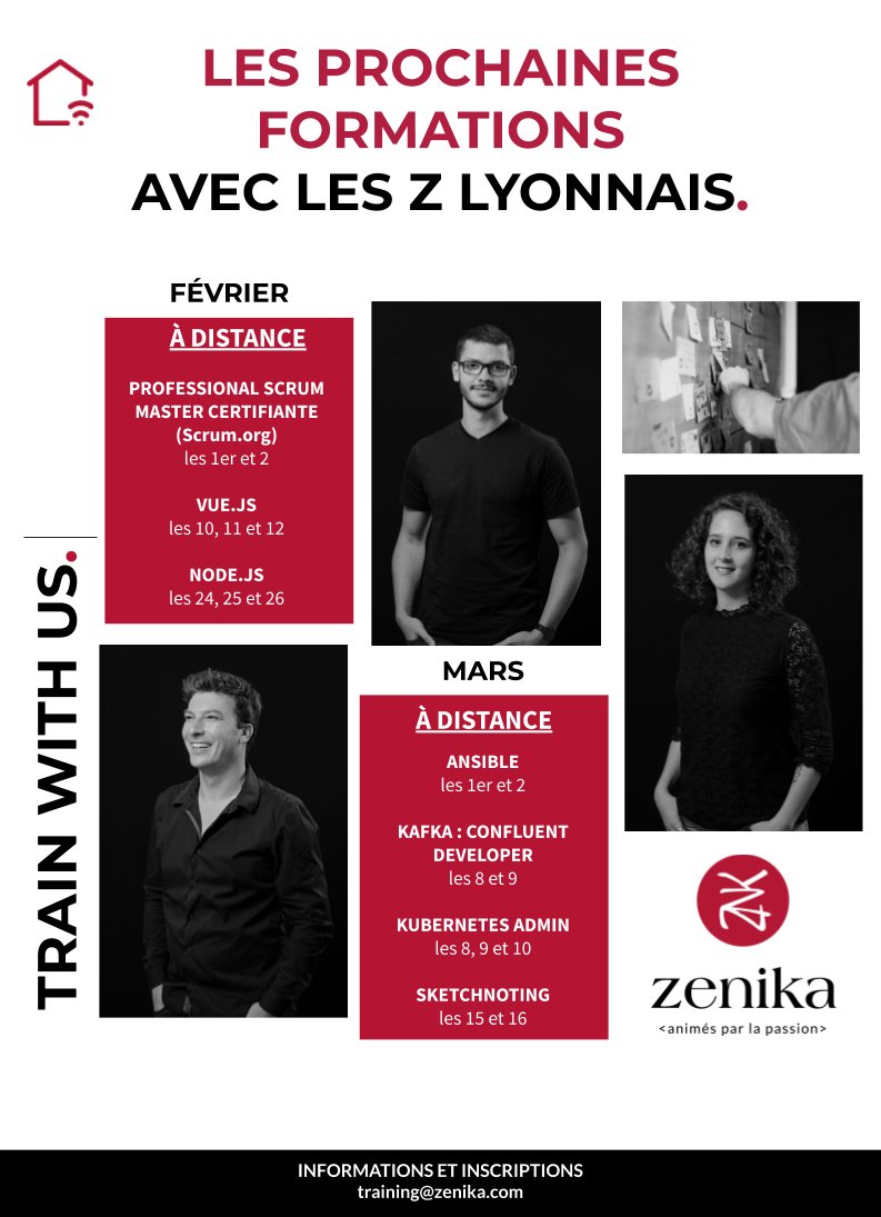 [Formations] Inscrivez-vous vite pour celles de Février et Mars : Professionnal #Scrum and #PO, #VueJS, #NodeJS, #Ansible , #Kafka : Confluent Developer ou encore #Kubernetes Admin et #Sketchnoting

<a href="/eetasse/">Emmanuel Etasse</a> <a href="/MathieuMure/">Mathieu Mure</a> <a href="/IlyesSemlali/">Ilyes Semlali</a> <a href="/Facchini_G/">Guillaume Fetter</a> <a href="/Cyrielle_Edl/">Cyrielle Eudeline</a>