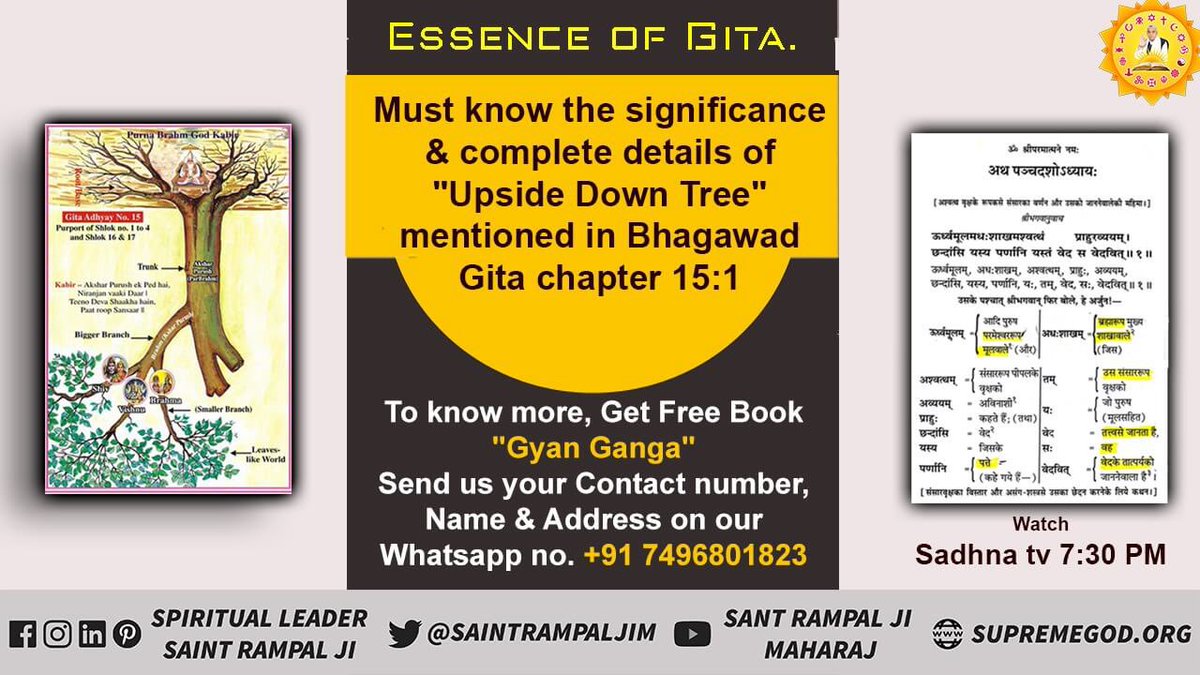 #HiddenTruthOfGita 

Must know the significance &amp; complete details of “ upside down tree” mentioned in Bhagwad gita chapter 15:1
Know more must watch Sadhana channel 7:30pm
