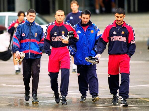 90sfootball's tweet photo. Juan Carlos Busquets, Luis Enrique, José Mourinho and Josep Guardiola. https://t.co/k2SRjEI0Z9