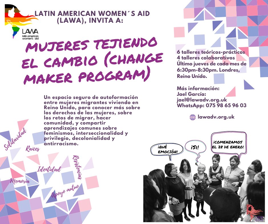 JaeldelaLuz1's tweet photo. 📢*Save the date*
28 de enero, 6:30pm. Londres, 🇬🇧iniciamos nuevo ciclo de "Mujeres tejiendo el Cambio" #ChangeMakerProgram en @LAWALondon
Conoce más sobre los derechos de las mujeres migrantes, interseccionalidad y privilegio, solidaridad entre mujeres y futuros comunitarios. https://t.co/MUNrgZ7qb5