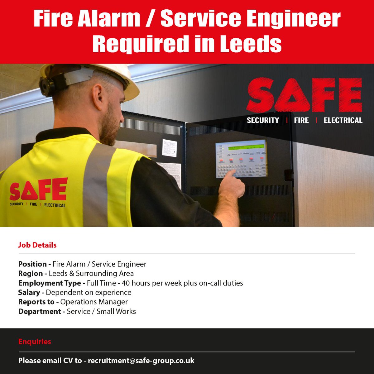 Security And Fire Experts Ltd (S.A.F.E.) are looking to recruit an experienced Fire Alarm Engineer (in Leeds and surrounding area).

Please email CV to - recruitment@safe-group.co.uk

#recruitment #firealarmsystems #firesafety #healthandsafety #leedsjobs