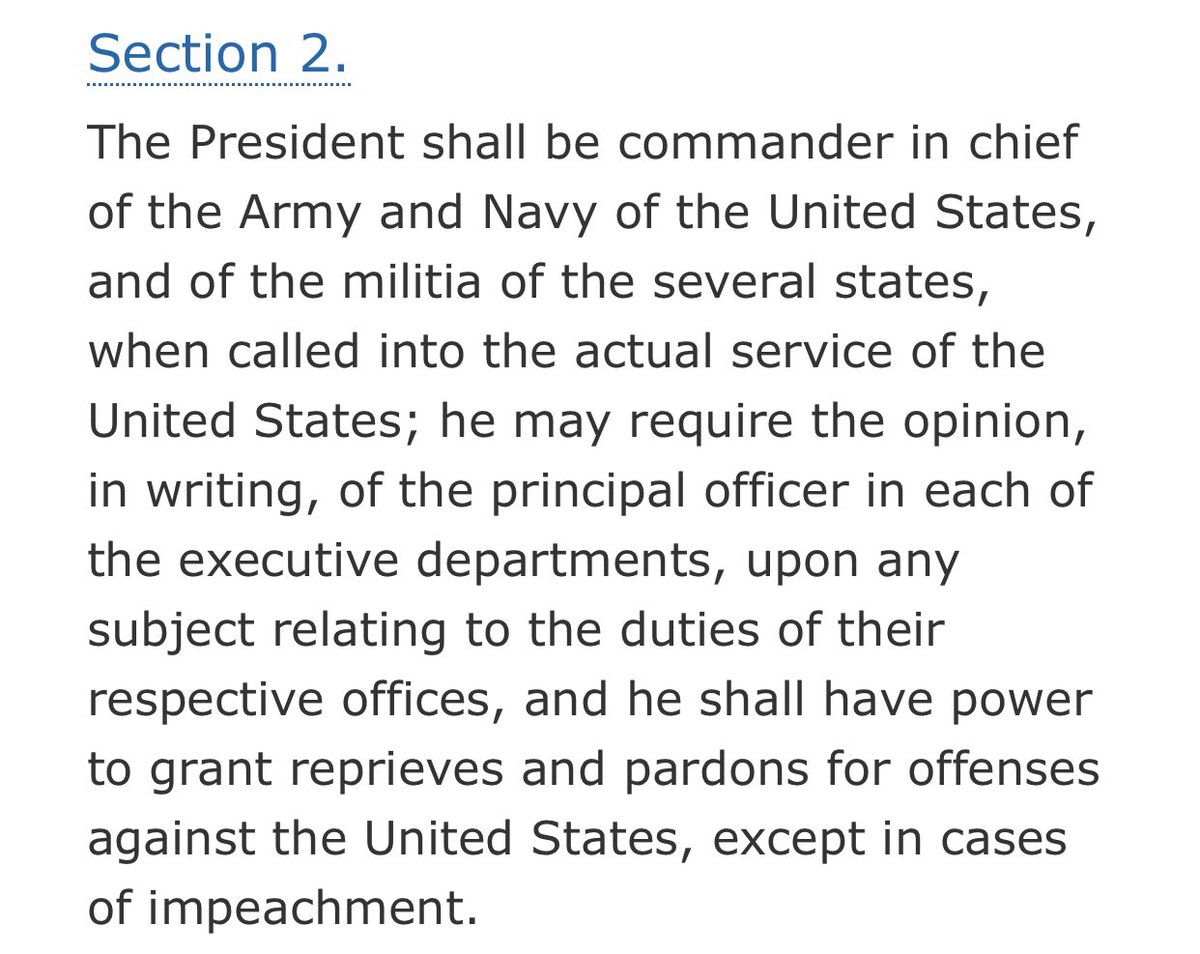 2. Article II, § 2 of the Constitution gives the President the power to “grant reprieves and pardons for offenses against the United States, except in cases of impeachment.”The idea was to provide the executive with a check on (perceived) excesses by the courts.