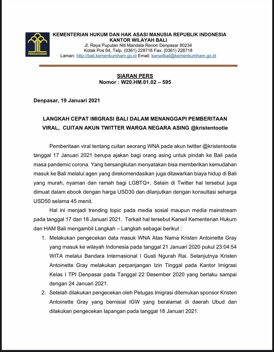 SAH! Mba Kristen "Tootie" Gray AKA Kristen Antoinette Gray akan di DEPORTASI sesuai edaran Kemenkumham. Terima kasih kawan2 yang mengawal isu dan pihak penegak hukum! Best.