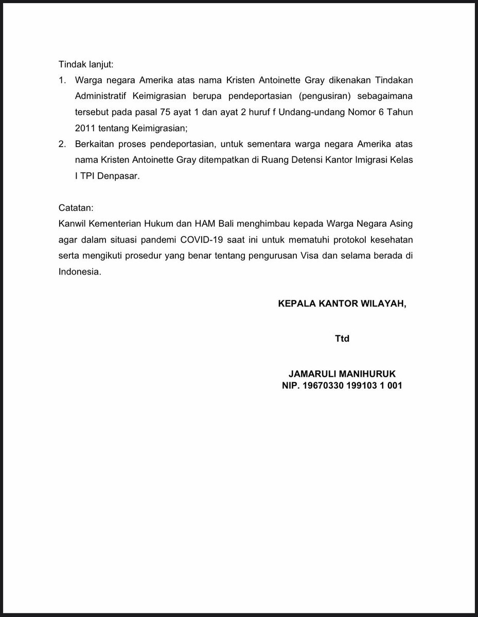 SAH! Mba Kristen "Tootie" Gray AKA Kristen Antoinette Gray akan di DEPORTASI sesuai edaran Kemenkumham. Terima kasih kawan2 yang mengawal isu dan pihak penegak hukum! Best.