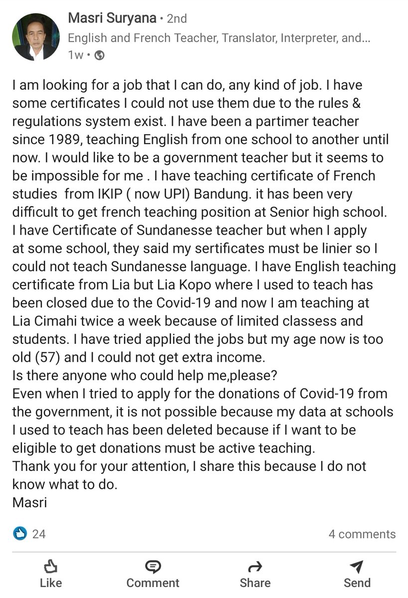 lindaraharja's tweet image. siapapun yang punya info loker, mohon kesediaannya memberi tahu. Barangkali bisa membantu bapak ini 

LinkedIn: linkedin.com/in/masri-surya…