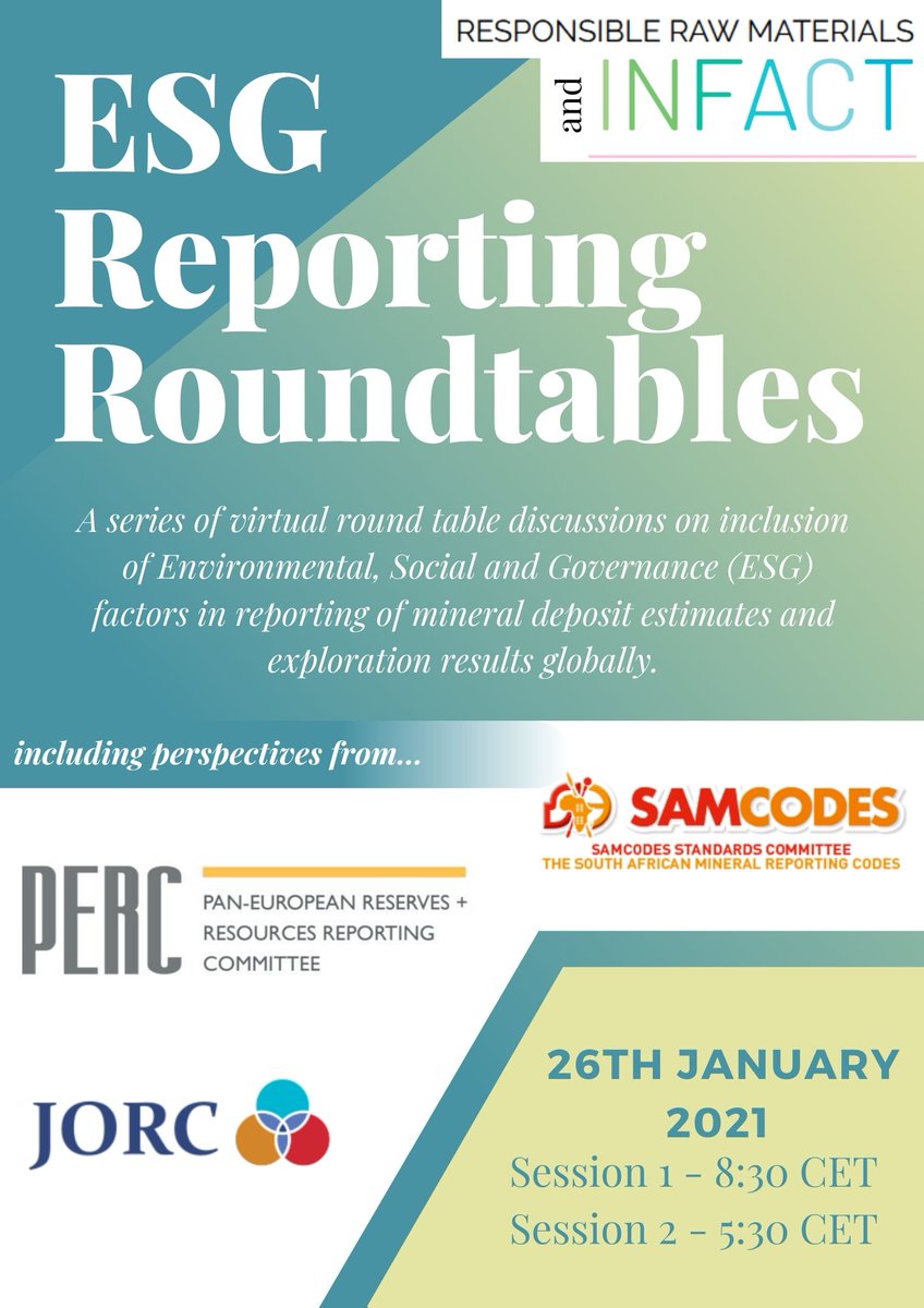 INFACTproject's tweet image. The INFACT project, PERC and @RawResponsible have joined forces to co-host a virtual round table on the inclusion of Environmental, Social and Governance (ESG) factors in reporting of mineral deposit estimates &amp;amp; exploration results on 26 January: bit.ly/39Ihmv9