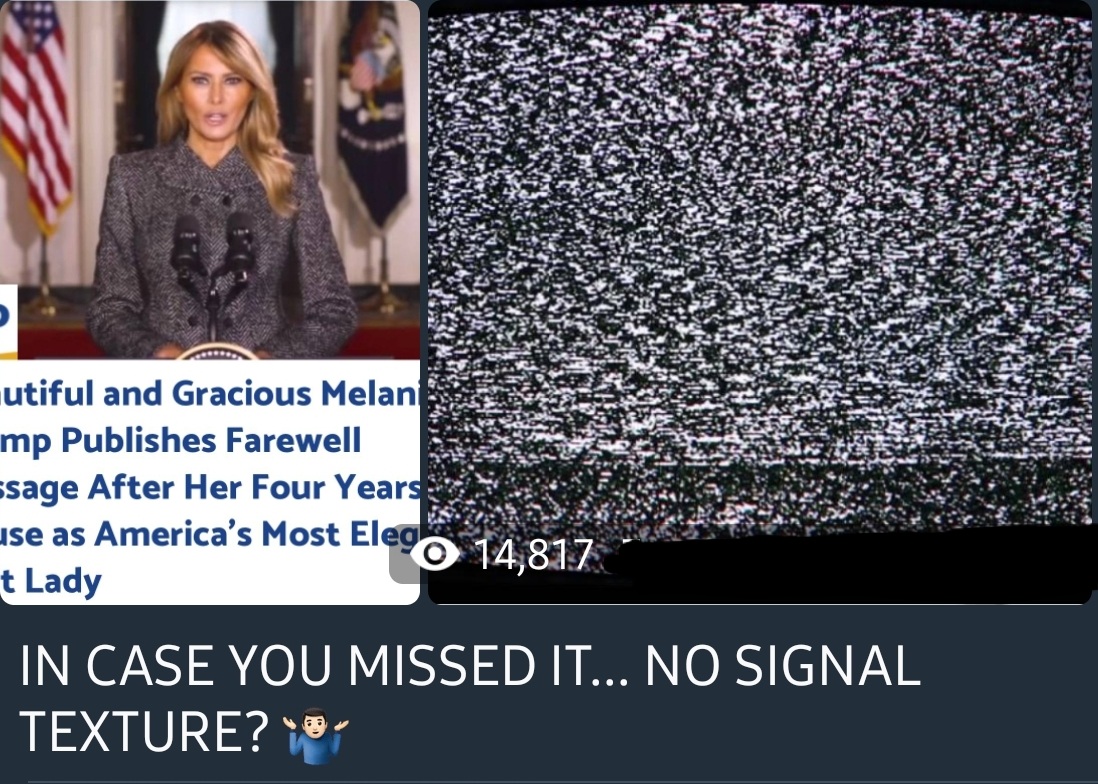2/ let's start with this: a QAnon influencer interpreted the jacket worn by Melania in her final address as "no signal texture". Meaning all communications will be shut down and Trump will use the EBS or GBS to announce the INSURRECTION act and military take over of the US