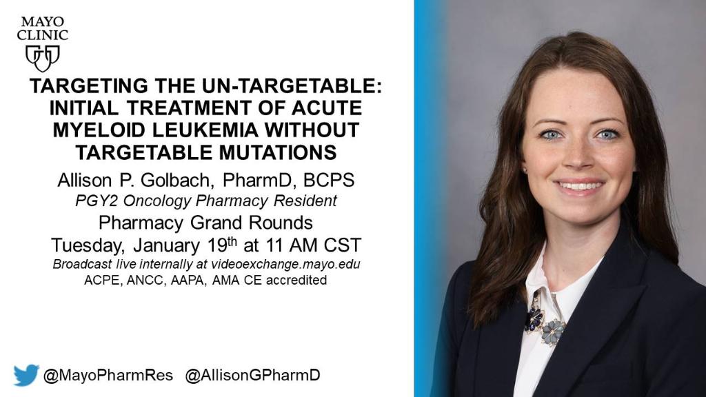 In today's Pharmacy Grand Rounds, Allison Golbach (<a href="/AllisonGPharmD/">Allison Golbach</a>) will hit the target on how to best select AML induction regimens based on patient-specific factors  Follow along with live tweets here starting at 11 am CST! 
#TwitteRx #OncPharm