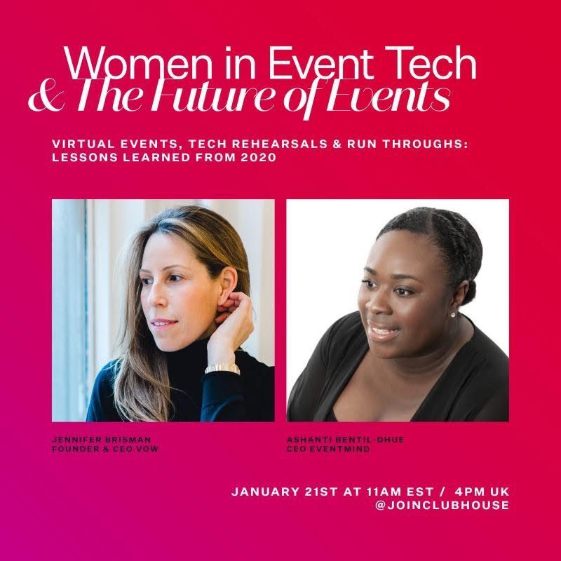 Are you on Clubhouse?

If so, join @eventmindpro and <a href="/jenniferbrisman/">Jennifer Brisman</a> on Thursday at 4pm GMT!

They will be discussing virtual events, tech rehearsals and run throughs, the lessons leant from 2020.

It's going to be a great chat - don't forget to tune in!

#eventprofs #eventprof