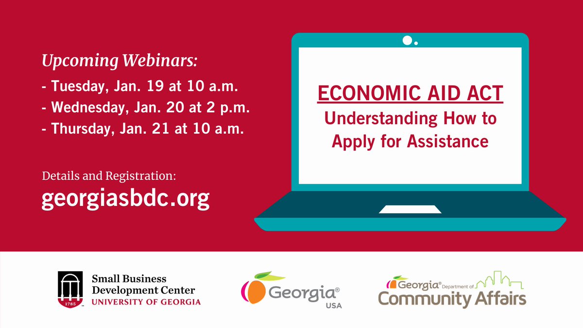 Today marks the beginning of the Economic Aid Act webinars hosted by University of Georgia Small Business Development Center​ in partnership with DCA. 

Have you registered? Georgiasbdc.org
#economicrecovery #economicaid #SBDC #Business #COVID #UGA