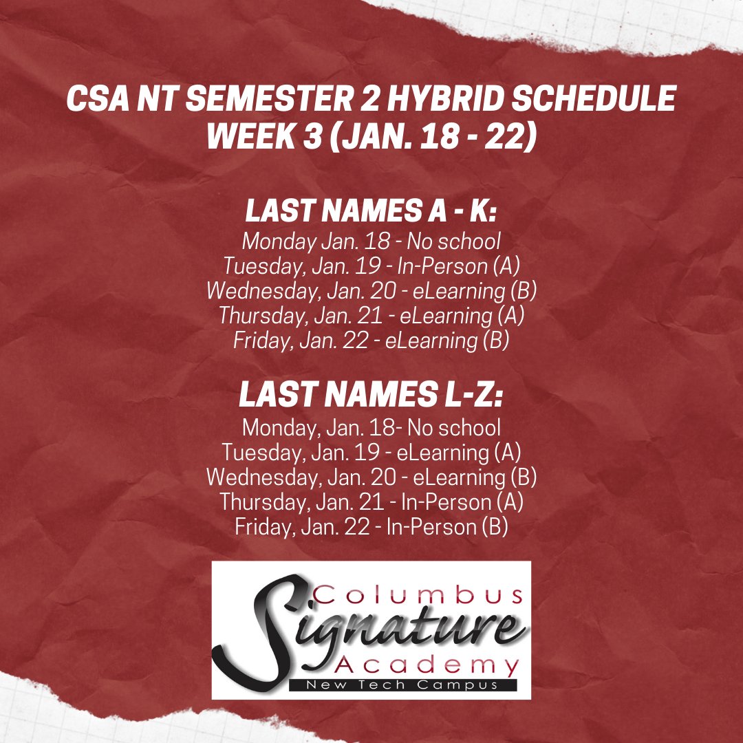 CSANewTechHS's tweet image. Happy Tuesday CSA!

Here is this week's hybrid schedule! Wednesday will be an ALL Virtual B-Day!