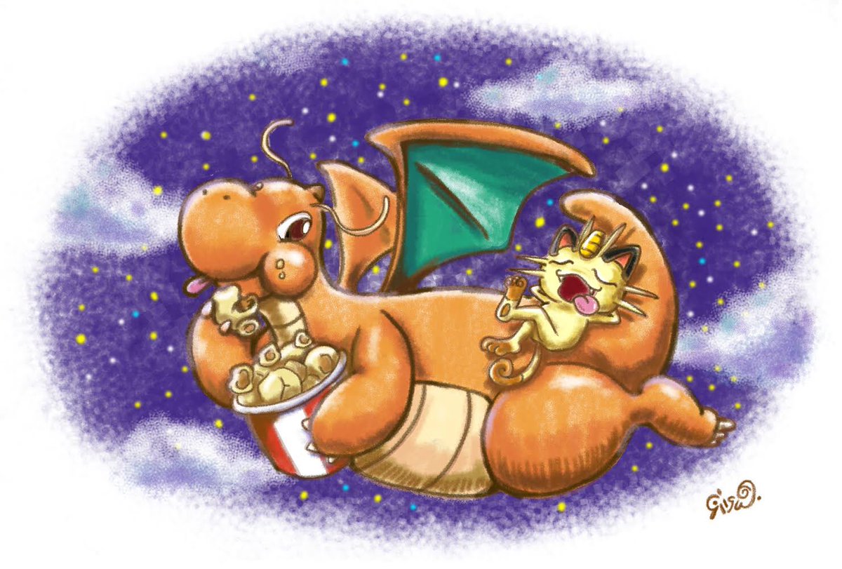 石井リスのポケモンイラスト ポケモンおねむwithポップコーン ニャース カイリュー ニャース カイリュー ポケモン ポケモンイラスト Pokemon