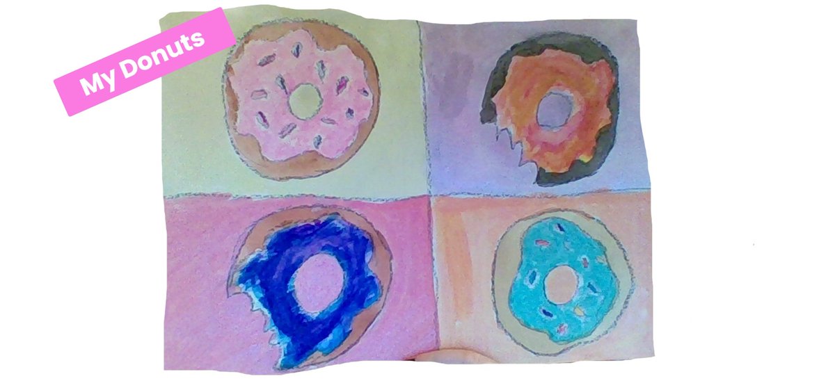 MrsHummelArt's tweet photo. 5th grade Pop Art Doughnut Drawings/Paintings! I found out quickly this year that I need to stay flexible in what materials students use- crayons, markers, colored pencils, watercolors? Whatever they have on hand will work just fine! @EdisonD205 #igniteD205 #remoteart #hybridart https://t.co/zaSSvN94Uq