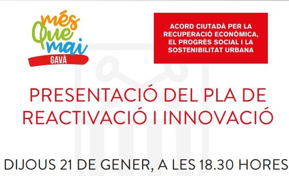 ‼️ Aquest dijous, presentació del Pla de Reactivació i Innovació #MésqueMaiGavà
Sorgit de l'Acord Ciutadà i fruit d'un procés participatiu
Més de 20 de projectes per donar resposta a les conseqüències de la #COVID19  i seguir construint el futur de #Gavà