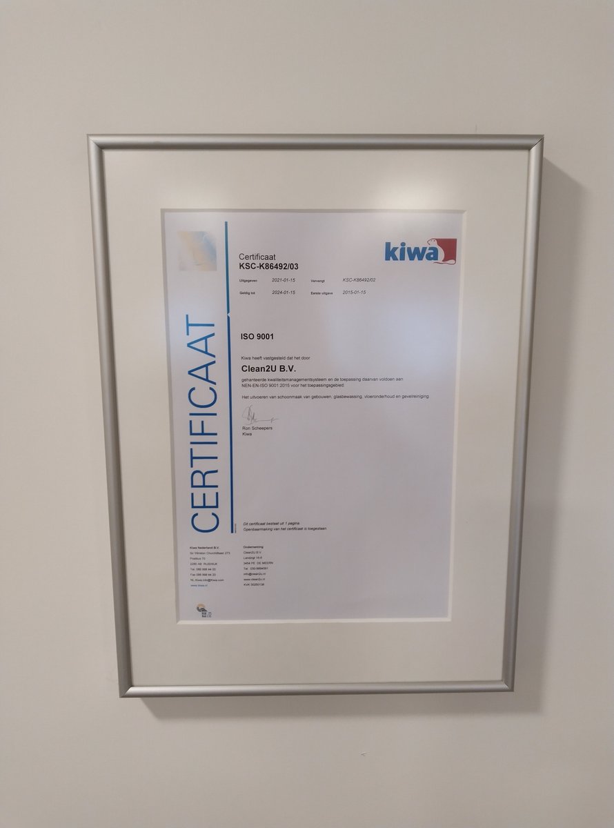 Clean2u's tweet image. Bevestiging is altijd leuk. Persoonlijk, maar zeker ook als bedrijf. Want roepen dat je als bedrijf om kwaliteit geeft, is toch anders dan het bevestigd krijgen van een onafhankelijke inspectie. Dus we zijn weer heel blij, maar zeker niet verbaasd, met het ISO 9001 certificaat!