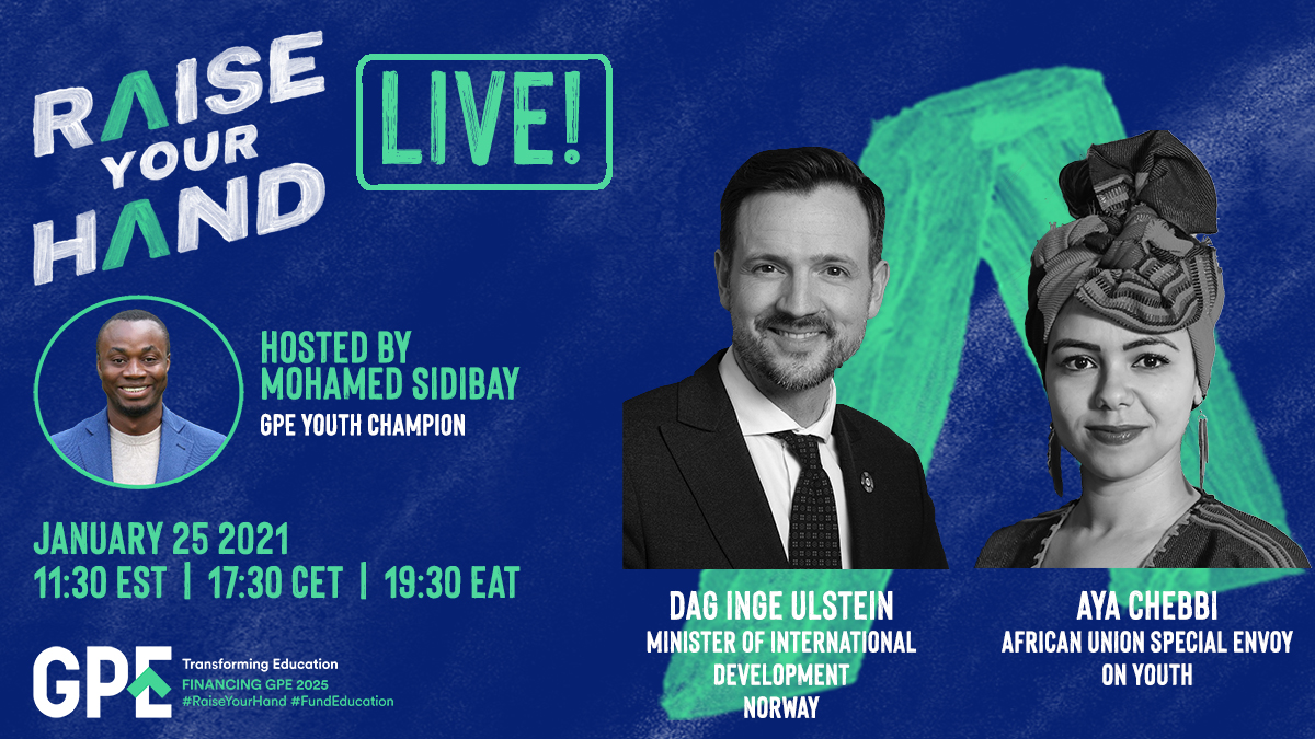 Join us next Monday for 'Raise Your Hand Live!' - a monthly talk show w/global changemakers who believe education is key to building a better future, hosted by <a href="/MohamedSidibay2/">Mohamed Sidibay</a> 

Our 1st episode features <a href="/dagiulstein/">Dag Inge Ulstein</a> <a href="/NorwayMFA/">Norway MFA</a> and <a href="/aya_chebbi/">Chebbi Aya</a> @auyouthenvoy_ #RaiseYourHand