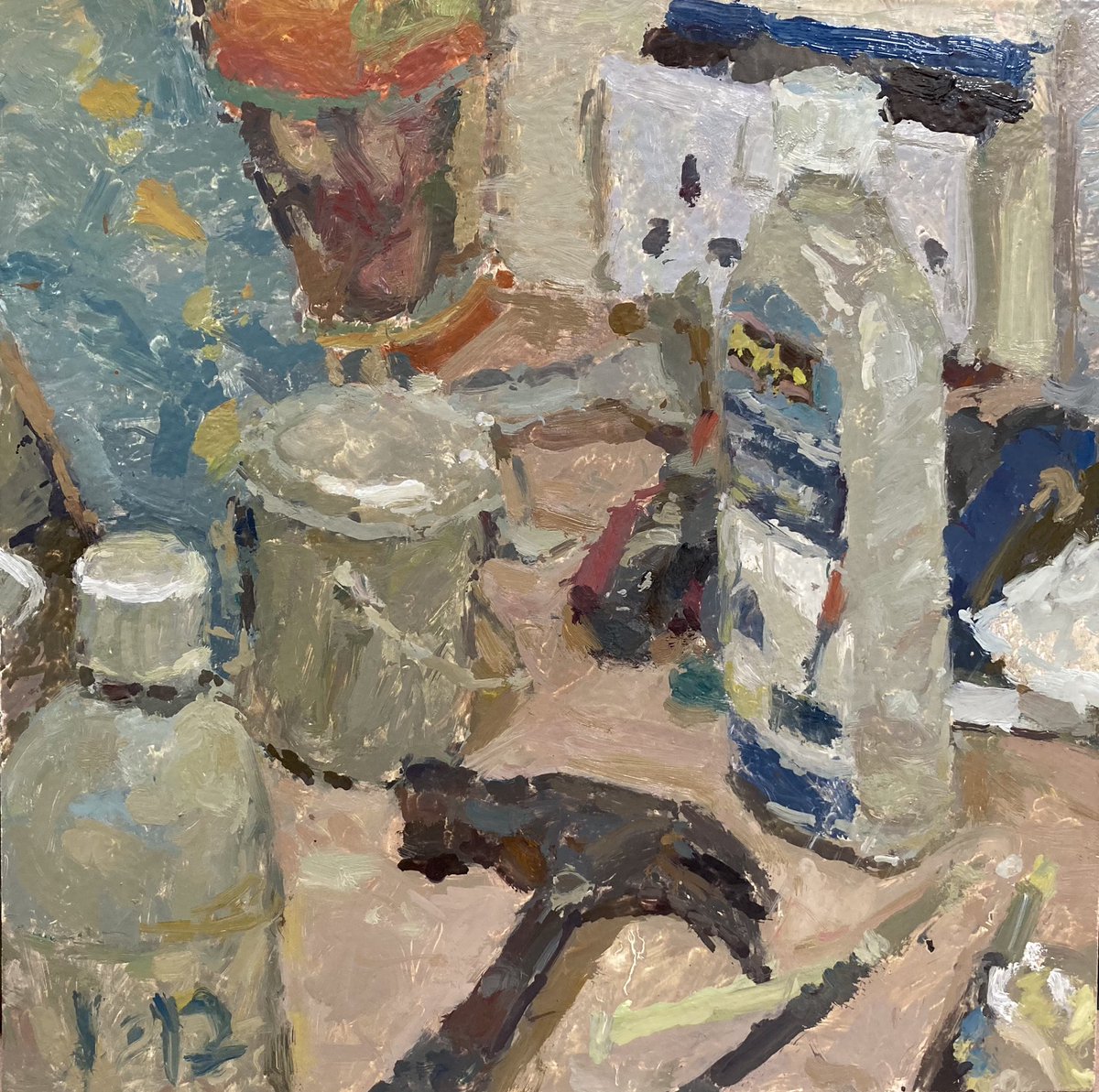 Adam_Ralston's tweet photo. Still life with turps mix, sunset painting, pot, scraper, rustins, rosemary’s and hammer..good for smashing up paintings 
#stilllife #oilpainting #turps #paintingfromlife #rustins #hammer https://t.co/lYFYvglf17