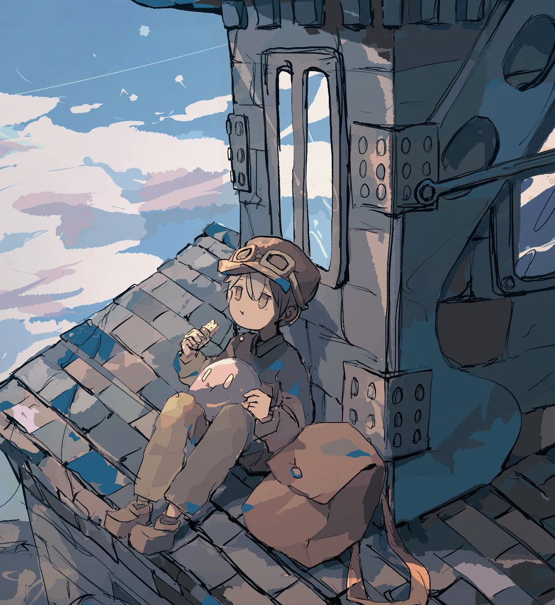 kino (kino no tabi) goggles on headwear androgynous goggles sitting hat sky cloud  illustration images