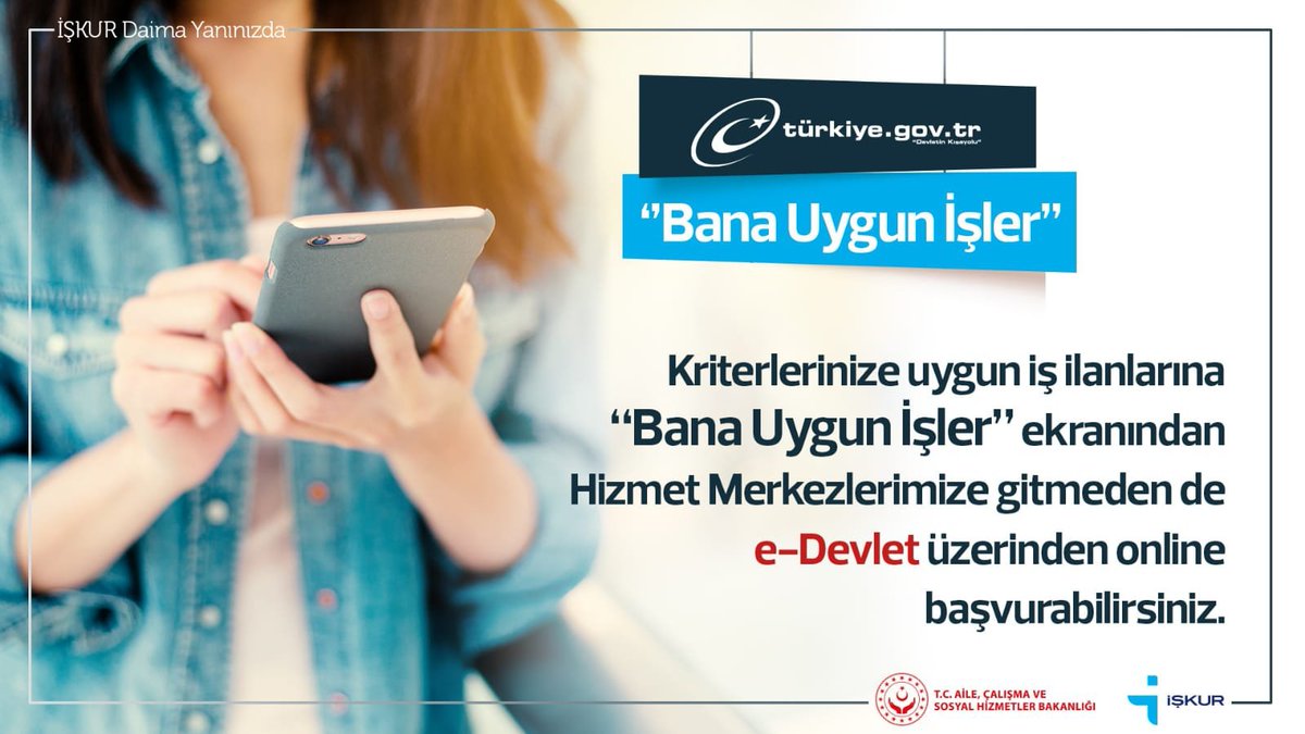 “Bana Uygun İşler” ekranına e- Devlet üzerinden ulaşarak; meslek, yaş ve çalışmak istediğiniz şehir gibi kriterlerinize uygun iş ilanlarını görüntüleyebilirsiniz. 🔗bit.ly/2Ql1jum