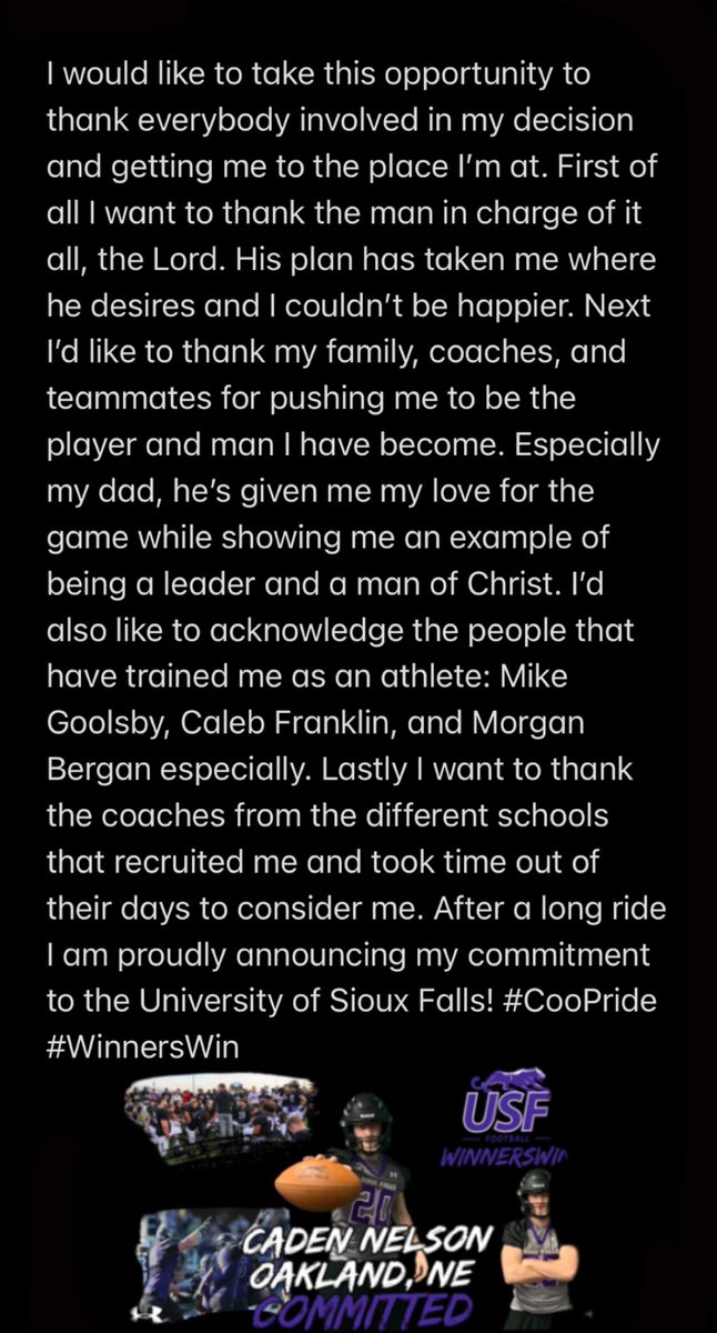 cadennelson_20's tweet photo. After an incredible visit to the University of Sioux Falls I am proud to announce my commitment to join the cougar gang! #winnerswin @CooCoachA @CoachVonnahme @NEBHSRecruits @NENextt https://t.co/e7UiLt0yTB