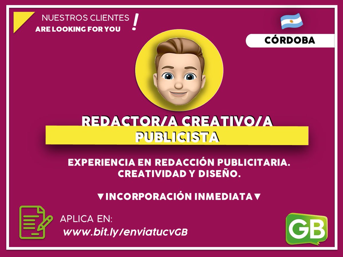 BÚSQUEDAS ACTIVAS 

Aplica cargando tu cv al link: bit.ly/enviatucvGB
O énvialo al mail: seleccion3.gbrrhh@gmail.com

<a href="/TrabajoArBot/">Bolsa de Trabajo Ar</a> <a href="/VivireNuevaCba/">VivirenNuevaCórdoba®</a>