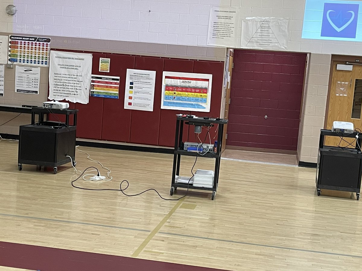 BrianHullPE's tweet photo. First day back with students in over 19 months. Have the gym setup for #shapereentry. Sanitation areas, live stream stations, sanitation supplies for when students leave my #physed class. It’ll be an adventure! https://t.co/fFbUDpQrex