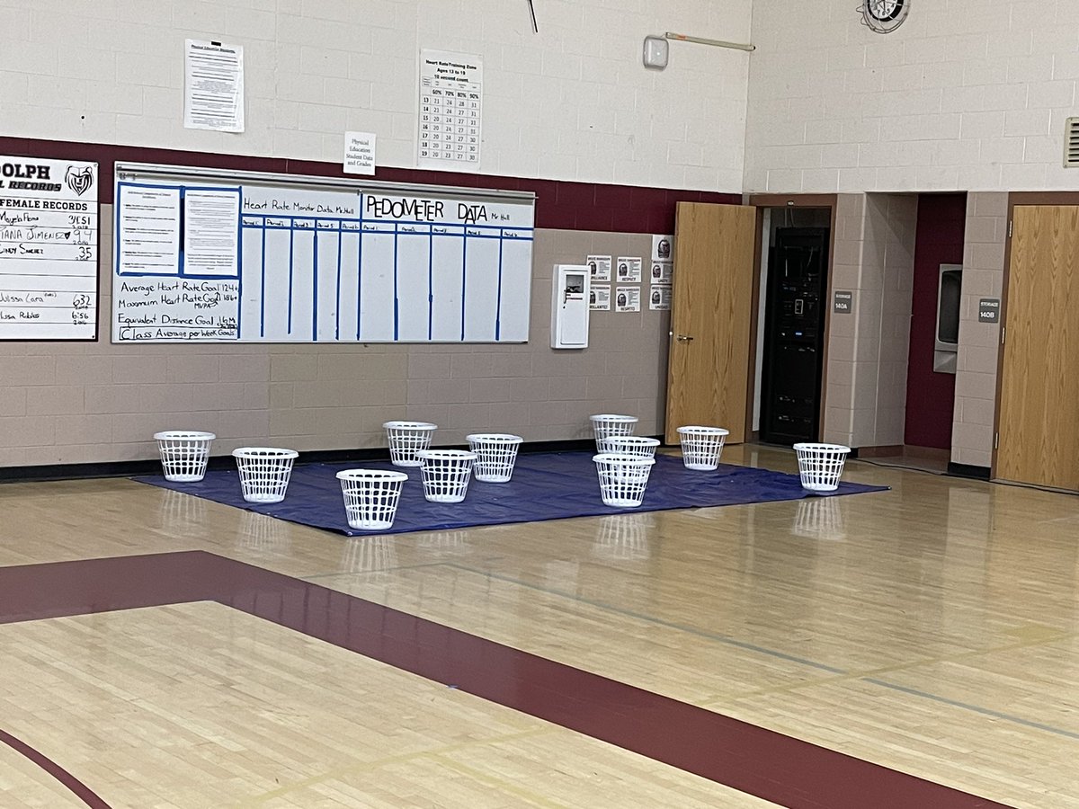 BrianHullPE's tweet photo. First day back with students in over 19 months. Have the gym setup for #shapereentry. Sanitation areas, live stream stations, sanitation supplies for when students leave my #physed class. It’ll be an adventure! https://t.co/fFbUDpQrex