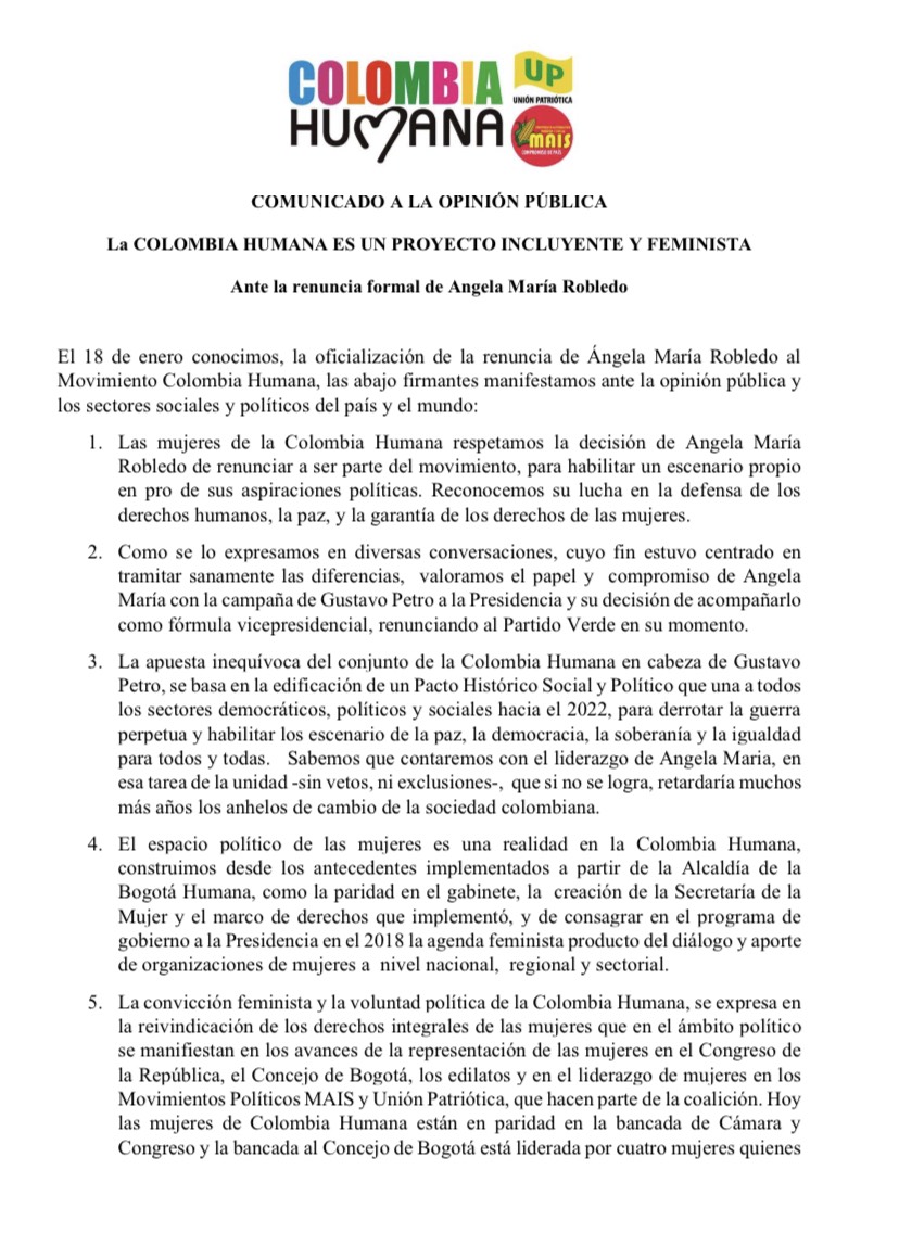 petrogustavo's tweet photo. Comunicado de lideresas y bancadas femeninas de la Colombia Humana.

Ante la carta pública de Angela Maria Robledo expresan: https://t.co/AsoO3MolrL