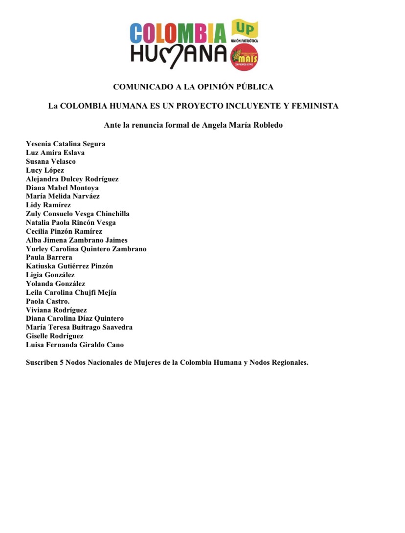 petrogustavo's tweet photo. Comunicado de lideresas y bancadas femeninas de la Colombia Humana.

Ante la carta pública de Angela Maria Robledo expresan: https://t.co/AsoO3MolrL