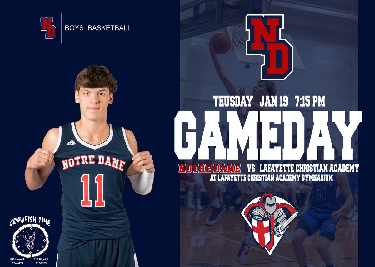 🚨🚨GAMEDAY 🚨🚨
     District 6-2A game
🏀Notre Dame vs LCA
📍Location: LCA
⏰TIP-OFF: 7:15pm
<a href="/LSL_Sportsline/">Louisiana Sportsline</a> <a href="/GeauxPrepsLA/">GeauxPreps.com</a> <a href="/PrepHoopsLA/">Prep Hoops Louisiana</a> <a href="/georgefaust10/">George Faust</a> <a href="/KATCTV3/">KATC TV3</a> <a href="/acadianasports/">Advertiser Sports</a>