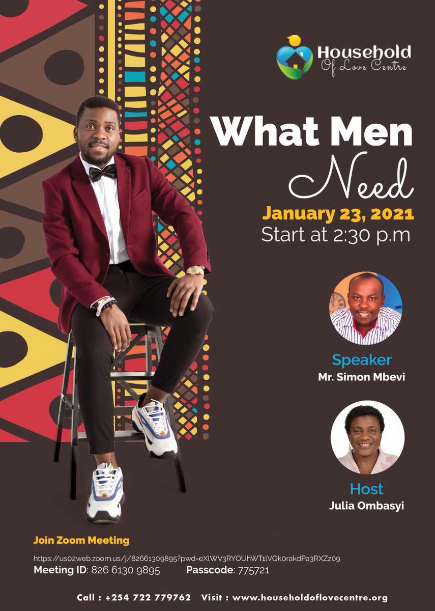 Join us this coming Saturday as we talk about ‘What Men Need’ 
<a href="/smbevi/">Simon Mbevi</a> 
Julia Ombasyi
#BackToBasics 
#HOLC
householdoflovecentre.org