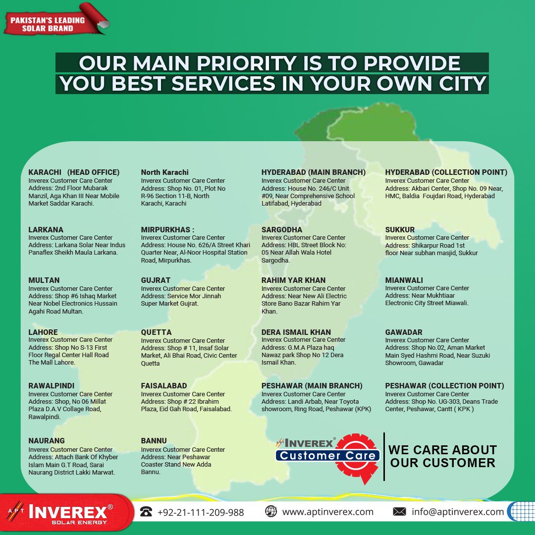 InverexSolar's tweet photo. Dear Customers,
This is to bring in your kind attention that follow the updated contact details for Inverex Customer Care Centers and for further info click the link below:
Inverex | – #MakingPakistanBrighter
#Inverex #SolarEnergy #CustomerCareCenter #aftersalesservice #service https://t.co/zYs21FbfPv