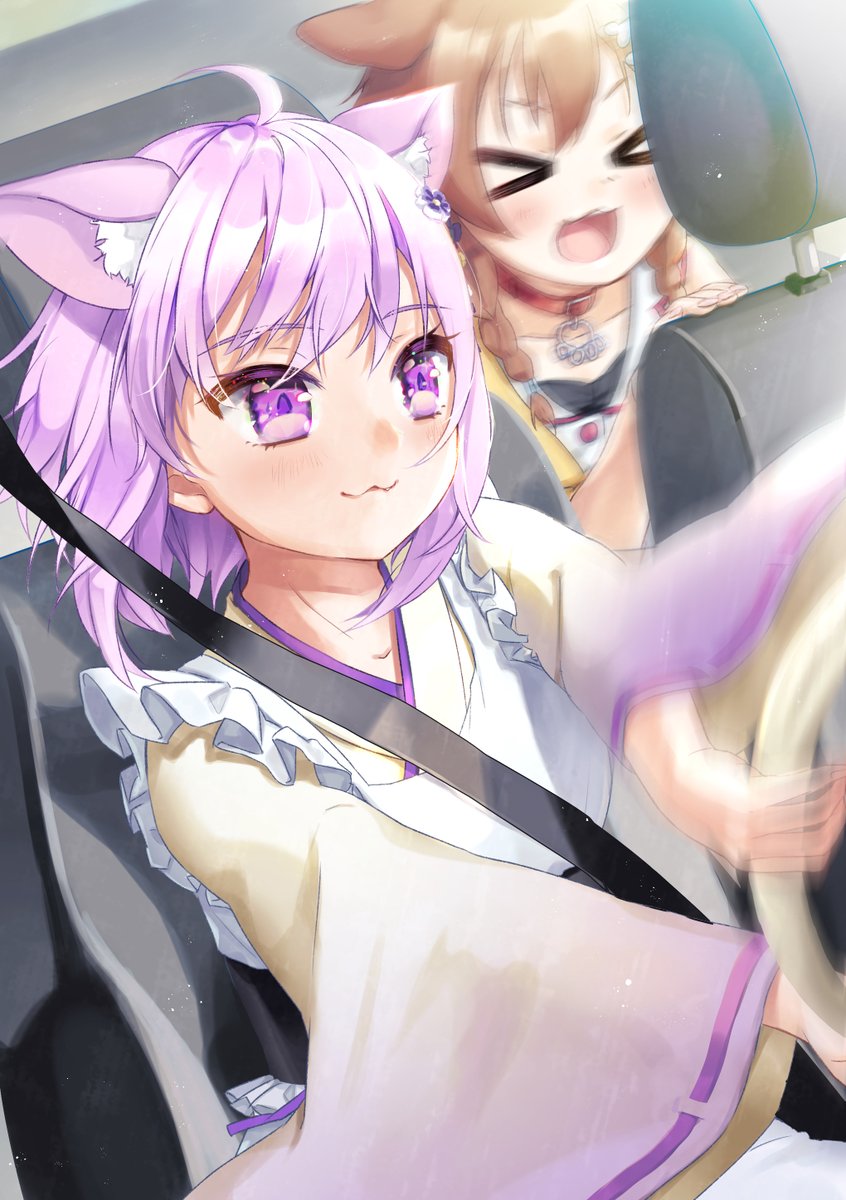 inugami korone ,nekomata okayu multiple girls animal ears 2girls driving cat ears > < japanese clothes  illustration images