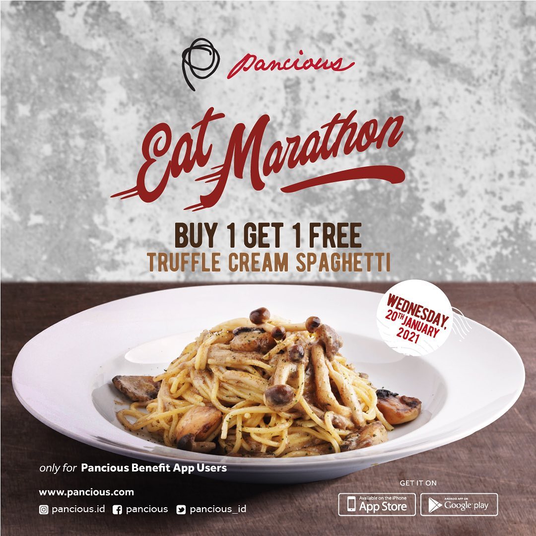 katalogpromosi's tweet image. Pancious Eat Marathon - Beli 1 Gratis 1 untuk Truffle Cream Spaghetti berlaku hanya 1 hari, tanggal 20 Januari 2021 khusus Pancious Benefit App User

Info selengkapnya, ada di sini &amp;gt; ow.ly/kbMB50DciLa

#pancious #promo #diskon #infopromo #infodiskon