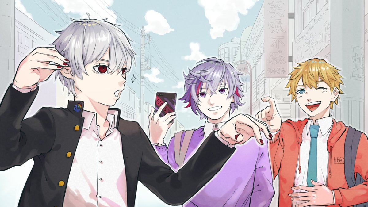 kuzuha (nijisanji) male focus multiple boys purple hair 3boys streaked hair one eye closed blonde hair  illustration images