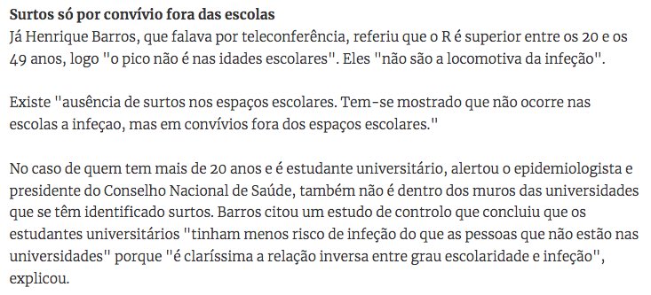 @ConstancaSa Acho que com opiniões absolutas nenhum, pois são especialistas… Mas é fácil encontrar quem defenda que escolas não são o centro de infecção, por exemplo Henrique Barros na última reunião do Infarmed, conhecido epidemiologista e presidente do ISPUP.
https://t.co/wLeSRUS1EO https://t.co/DIEBDusvV6
