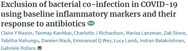 Reducing unnecessary antibiotic prescriptions in #COVID19 remains a challenge. Our paper tackling this finally out in @BSACandJAC! Routinely measured inflammatory markers can help exclude bacterial co-infection & promote #antimicrobialstewardship (1/5) academic.oup.com/jac/advance-ar…