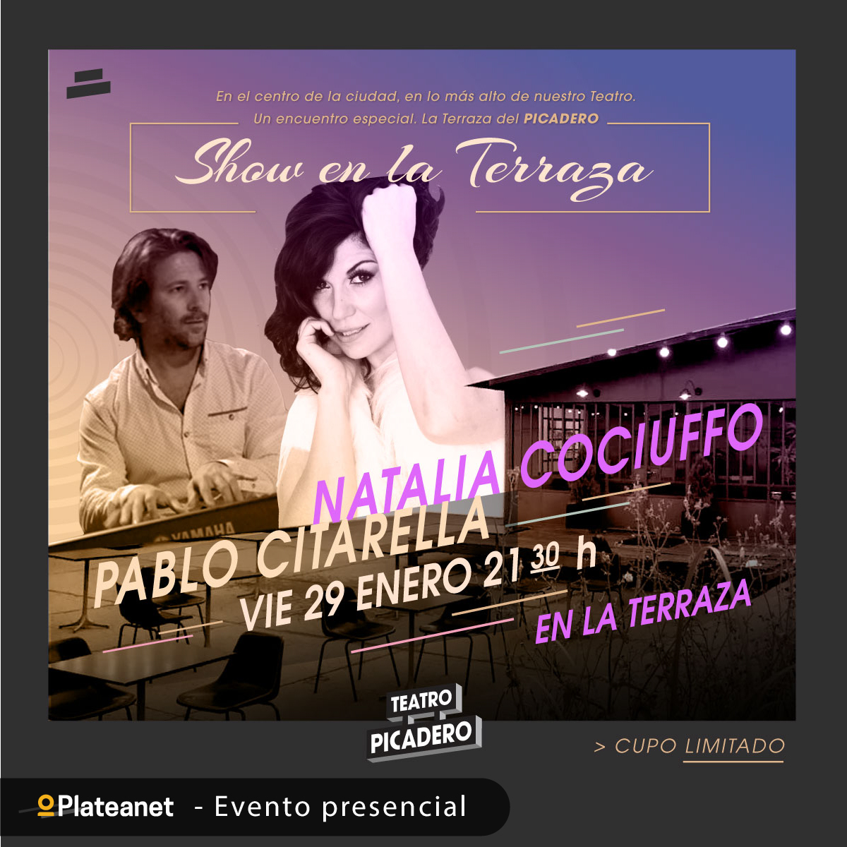 🎙️ <a href="/natucociuffo/">natalia cociuffo</a> y <a href="/pablocitarella/">Pablo Citarella</a> te esperan en un recital con las canciones más aclamadas del jazz, el pop y los musicales.
🎹 Viví una noche inolvidable con una de las grandes voces del teatro musical, el 29 de enero en la Terraza del <a href="/TeatroPicadero/">Teatro Picadero</a>
🎵 bit.ly/38rd0sY