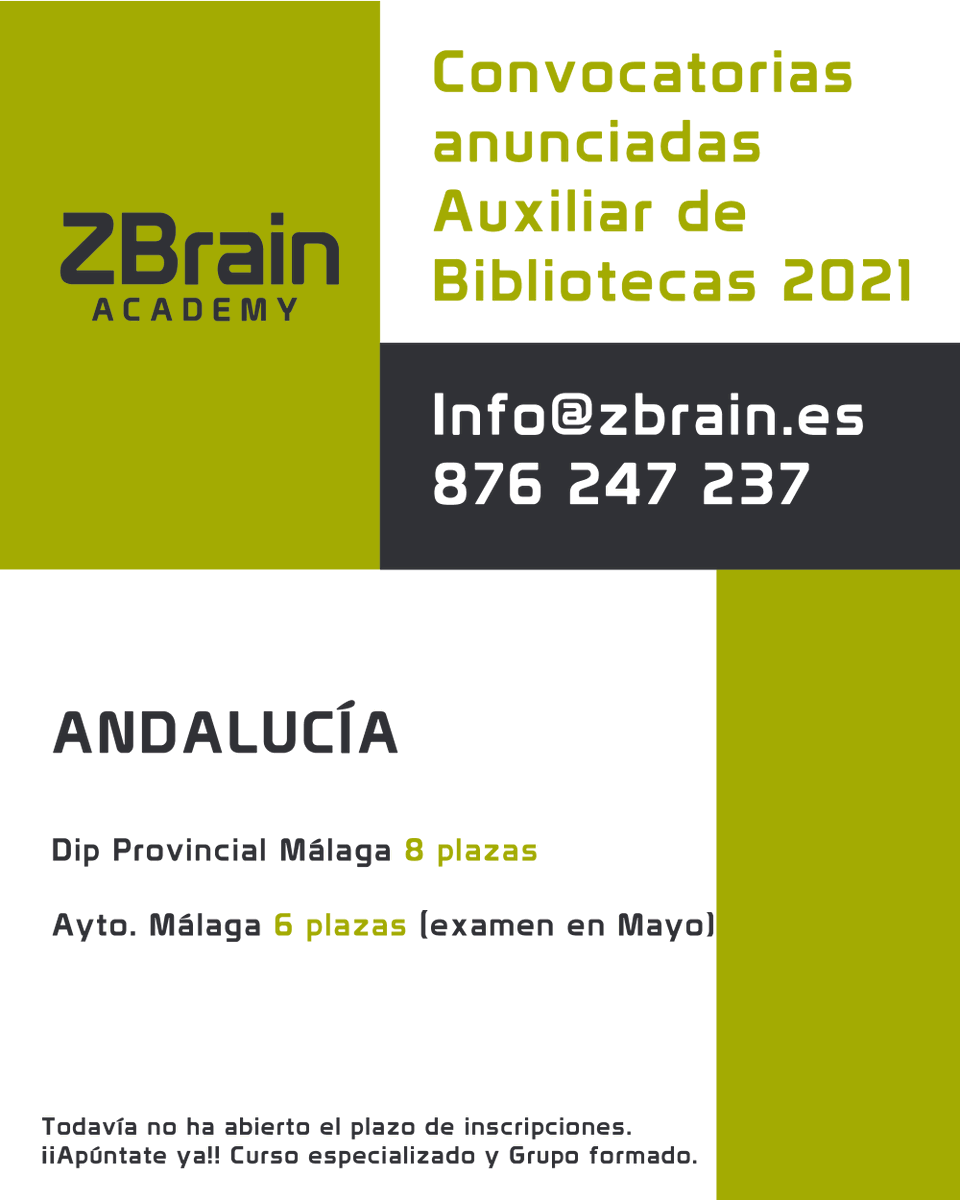ZBrain_Edu's tweet photo. ¡Convocatorias anunciadas #Auxiliardebibliotecass 2021!
¿Quieres prepararte con Nosotros?
Solicita información
876 247 237 - Info@Zbrain.es 
#Oposiciones #EmpleoPublico #Biblioteca #Andalucia #Malaga https://t.co/BL1h1LgZk1
