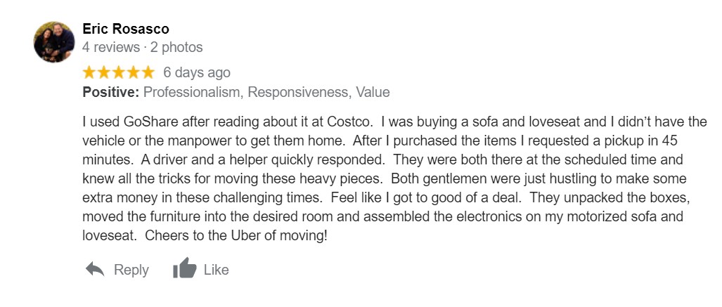 goshare's tweet photo. Even with thousands of reviews, hearing from our customers NEVER gets old. Thank you Eric!
#GoShareReview #GoShareReviews #UberofMoving #AppReview #Review #GoShare #DeliveryApp #CostcoDelivery #CostcoDoesItAgain https://t.co/CfCyD8ijMZ